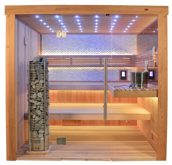 Sauna TS 4062 Steintowerofen, Spiegelwand, weisser Marmor, 200x180cm